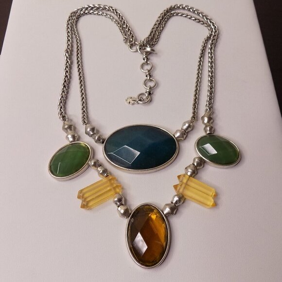 Lucky Brand Quartz Necklace Silver Tone Teal Amber Colored Two Row Reversible - Picture 4 of 9